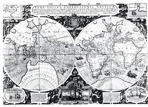 Wereldkaart; Vera Totius Expeditionis Nauticae, kaart van de wereldomzeiling door (links) Sir Francis Drake (1540-96) en (rechts) Thomas Cavendish (1560-92) c.1595